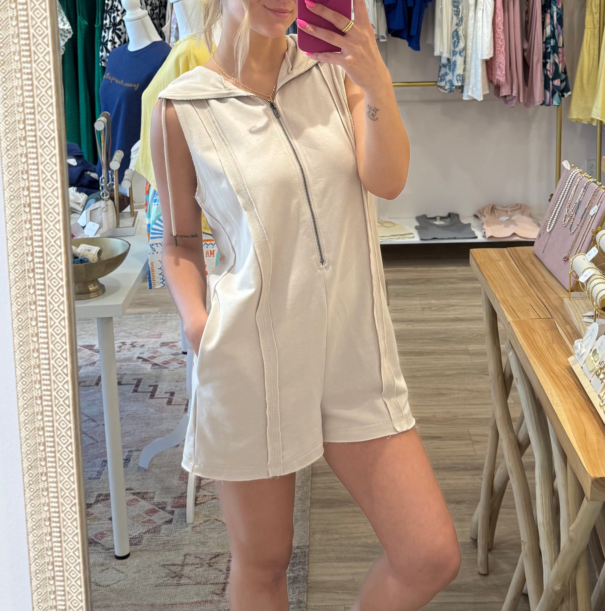 Terry Zip-Front Hooded Romper