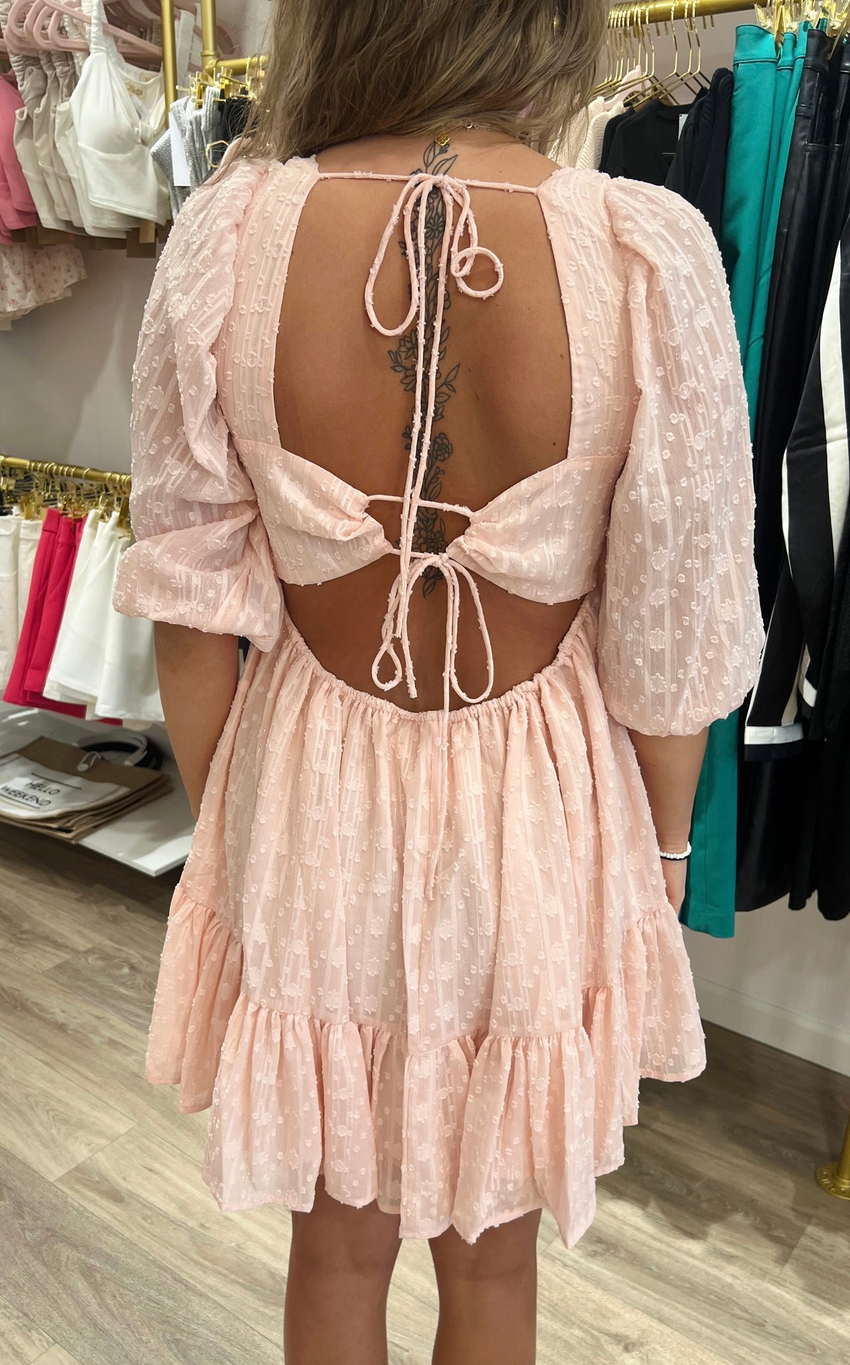 Floral Sequin Open Back Dress in Pink