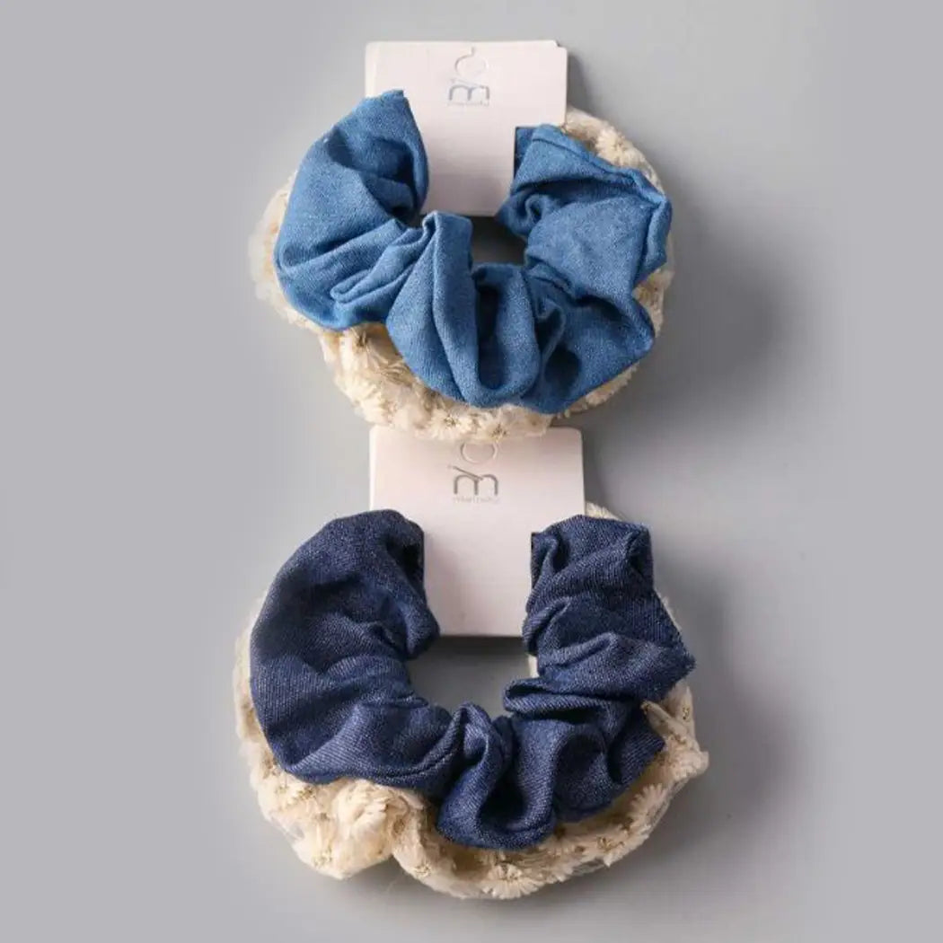 Denim and Floral Lace Scrunchies