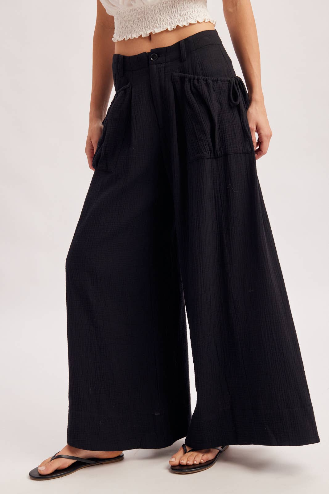 Drawstring Patch Pocket Wide Leg Pants/ More Colors
