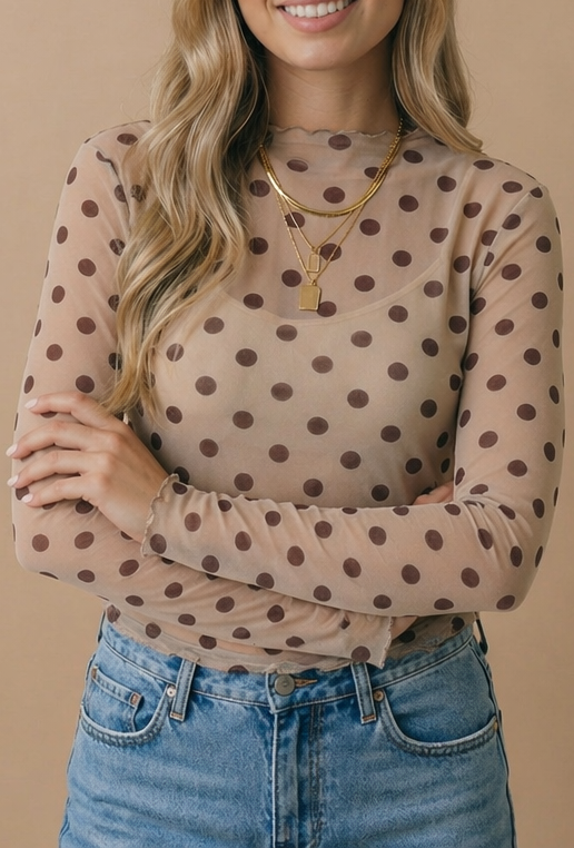 High Neck Polka Dot Merrow Hem Mesh Top