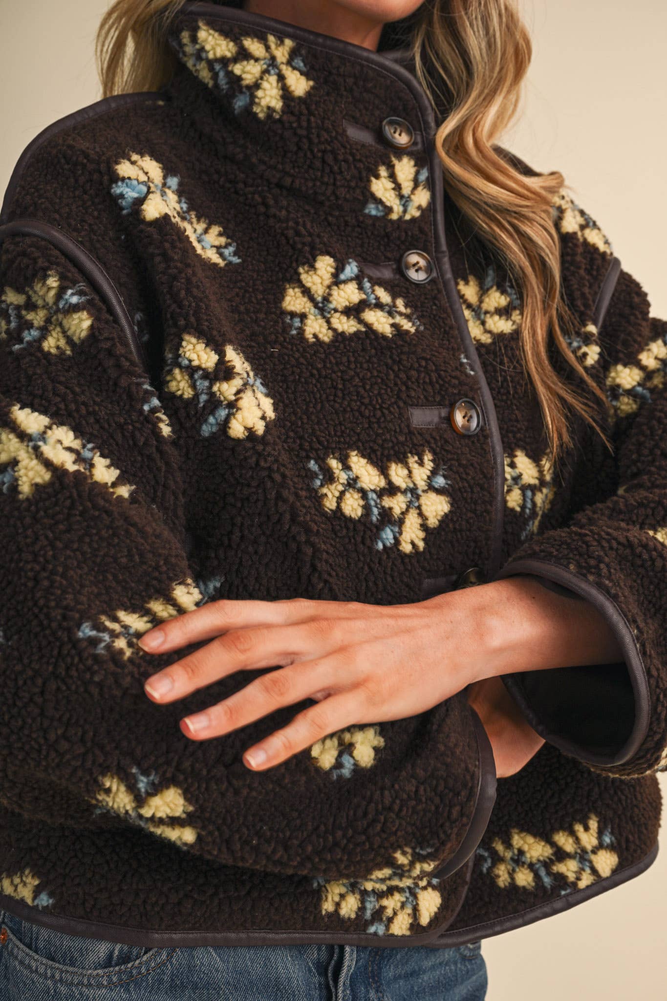 Floral Faux Sherpa Jacket with piping