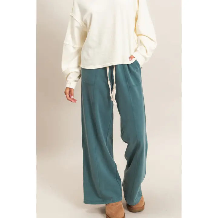 Acid Wash Drawstring Waist Wide Leg Pants/ More Colors