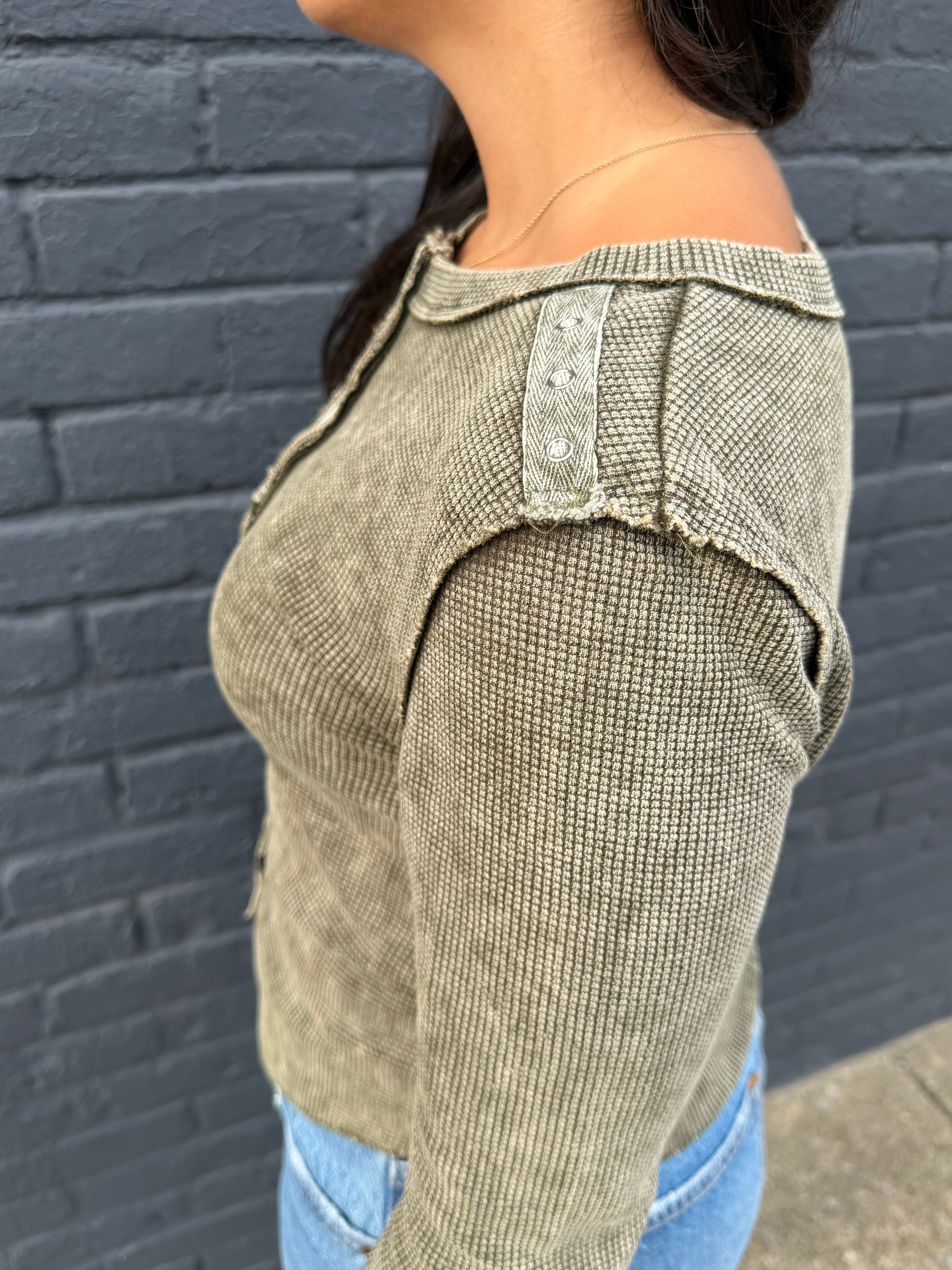 Vintage Wash Solid Metal Button Down Thermal Knit Top