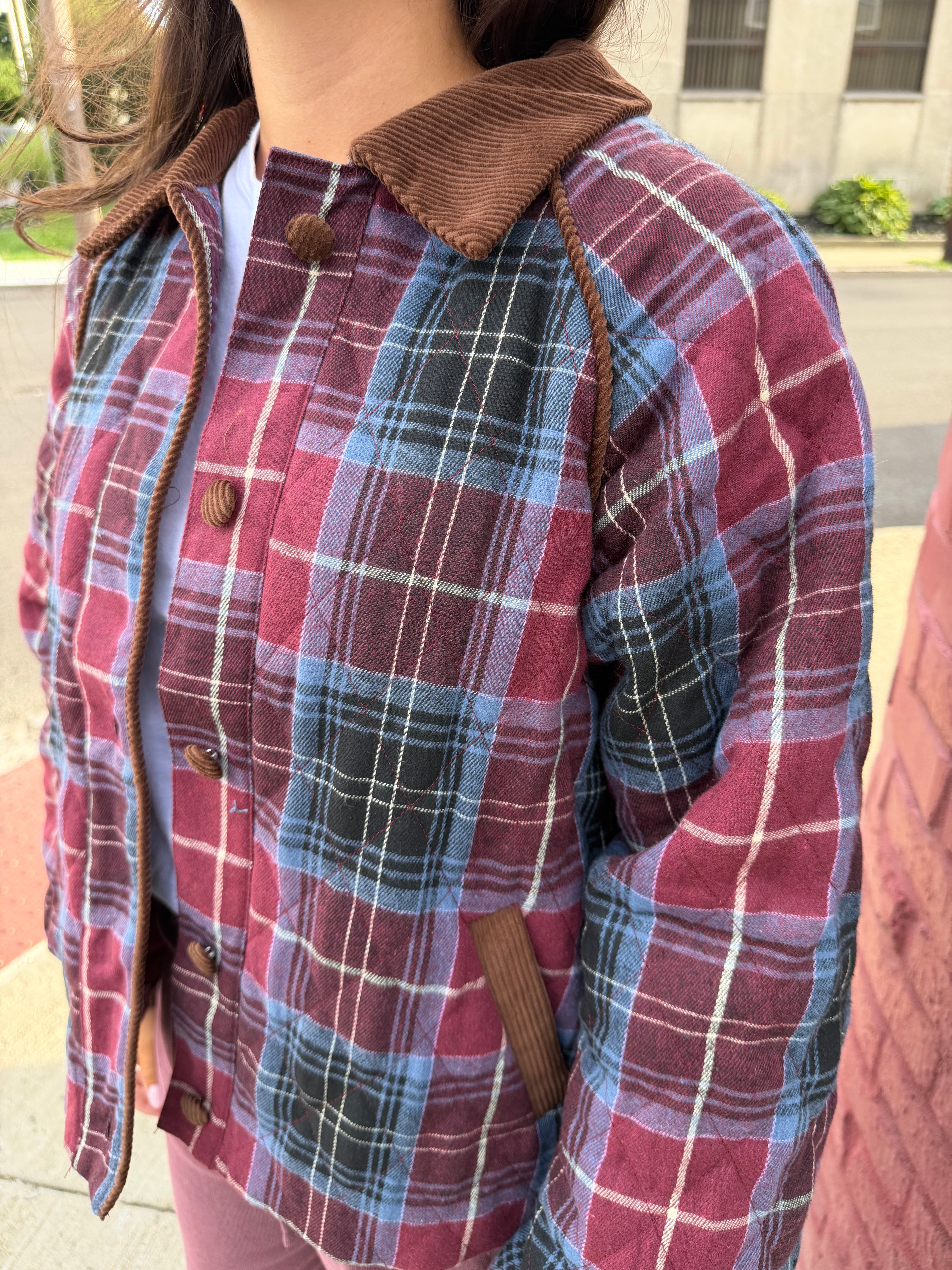 Plaid Quilted Jacket with Contrast Corduroy Jacket