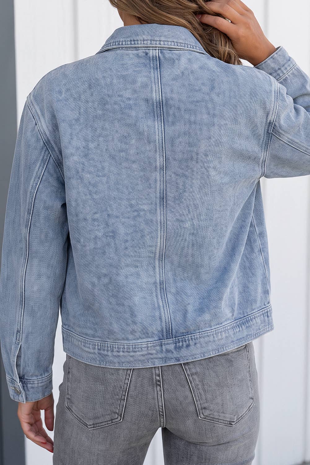 Metal Zipper Pockets Collar Denim Jacket