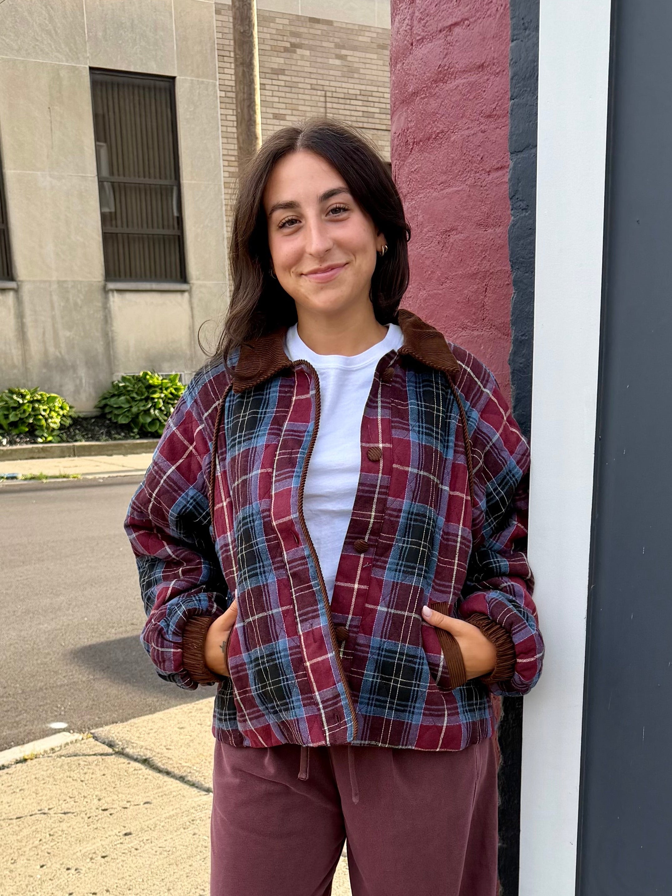 Plaid Quilted Jacket with Contrast Corduroy Jacket