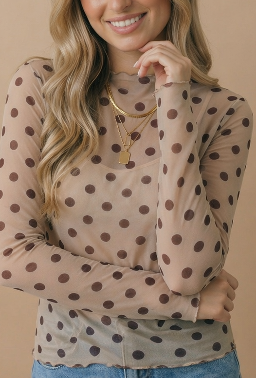 High Neck Polka Dot Merrow Hem Mesh Top