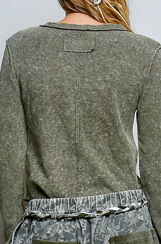 Vintage Wash Solid Metal Button Down Thermal Knit Top