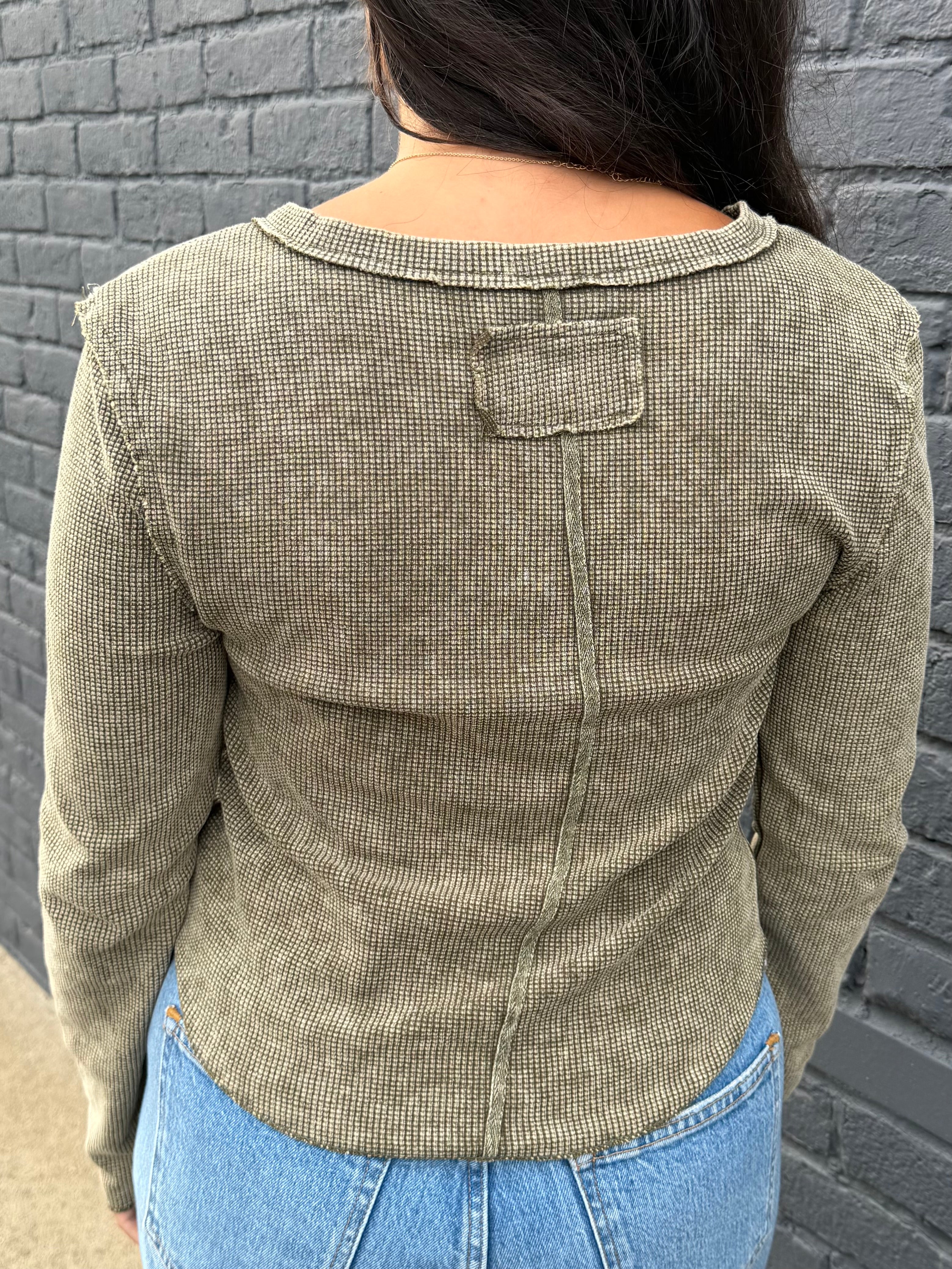 Vintage Wash Solid Metal Button Down Thermal Knit Top