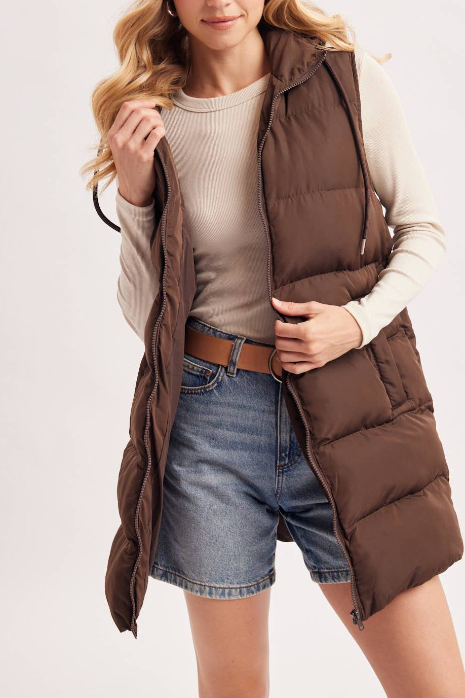 Hooded Zipper Down Longline Puffer Vest/ More Colors