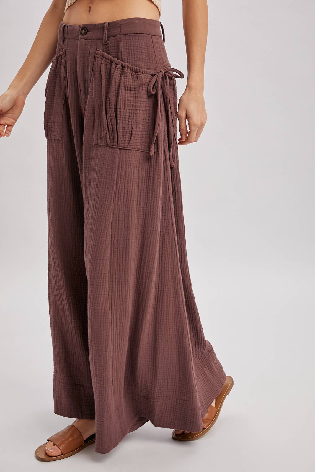Drawstring Patch Pocket Wide Leg Pants/ More Colors