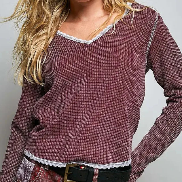 Light Burgundy Vintage Washing Solid Stitch Overlock Trim Knit Top