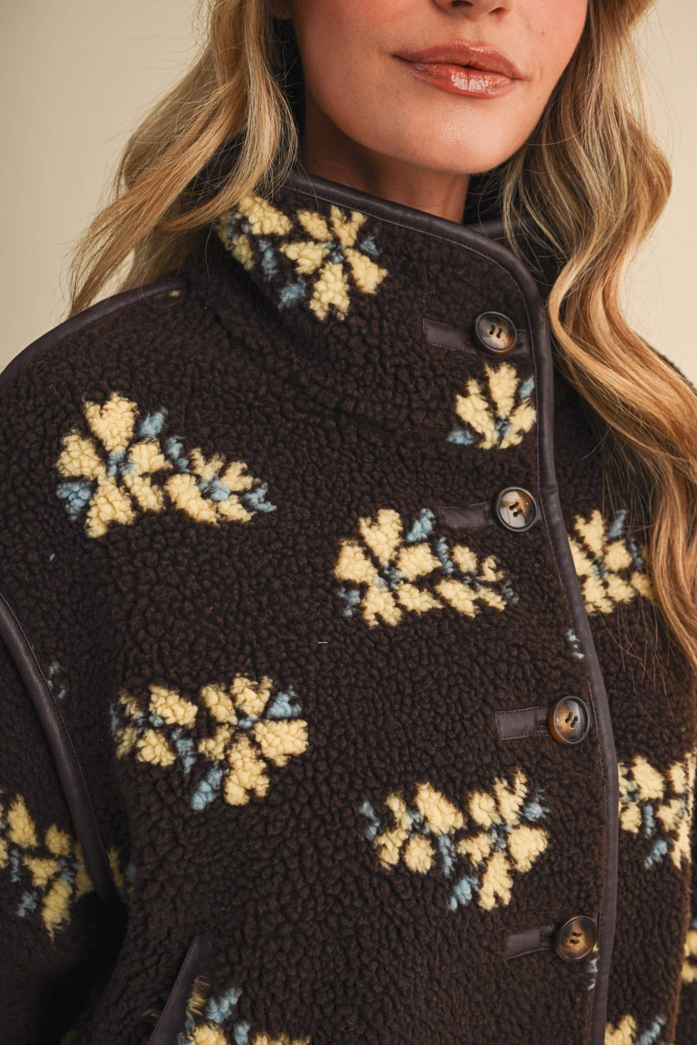 Floral Faux Sherpa Jacket with piping