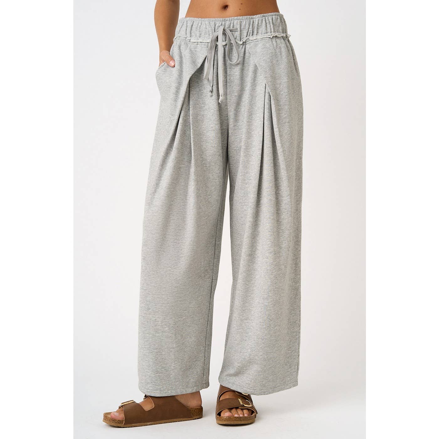 Pleated Front Elastic Waist Wide Leg Pants