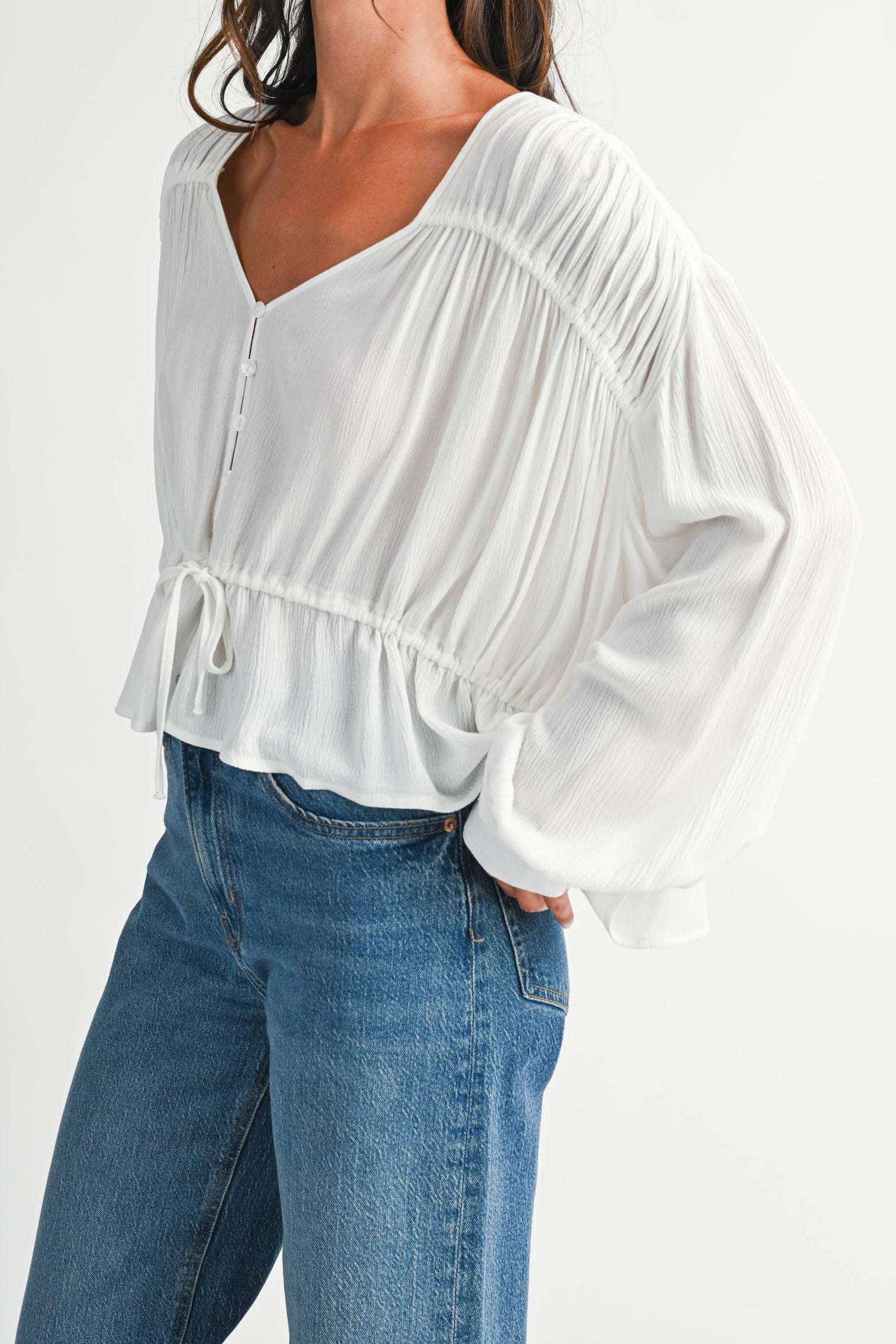 Textured Button Front Peplum Blouse