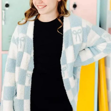 Tween Light Blue Checkered Cardigan
