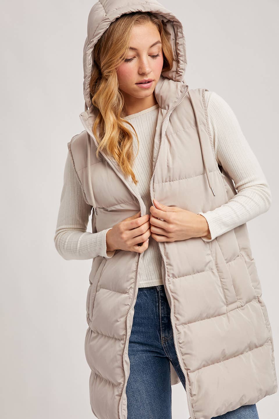 Hooded Zipper Down Longline Puffer Vest/ More Colors