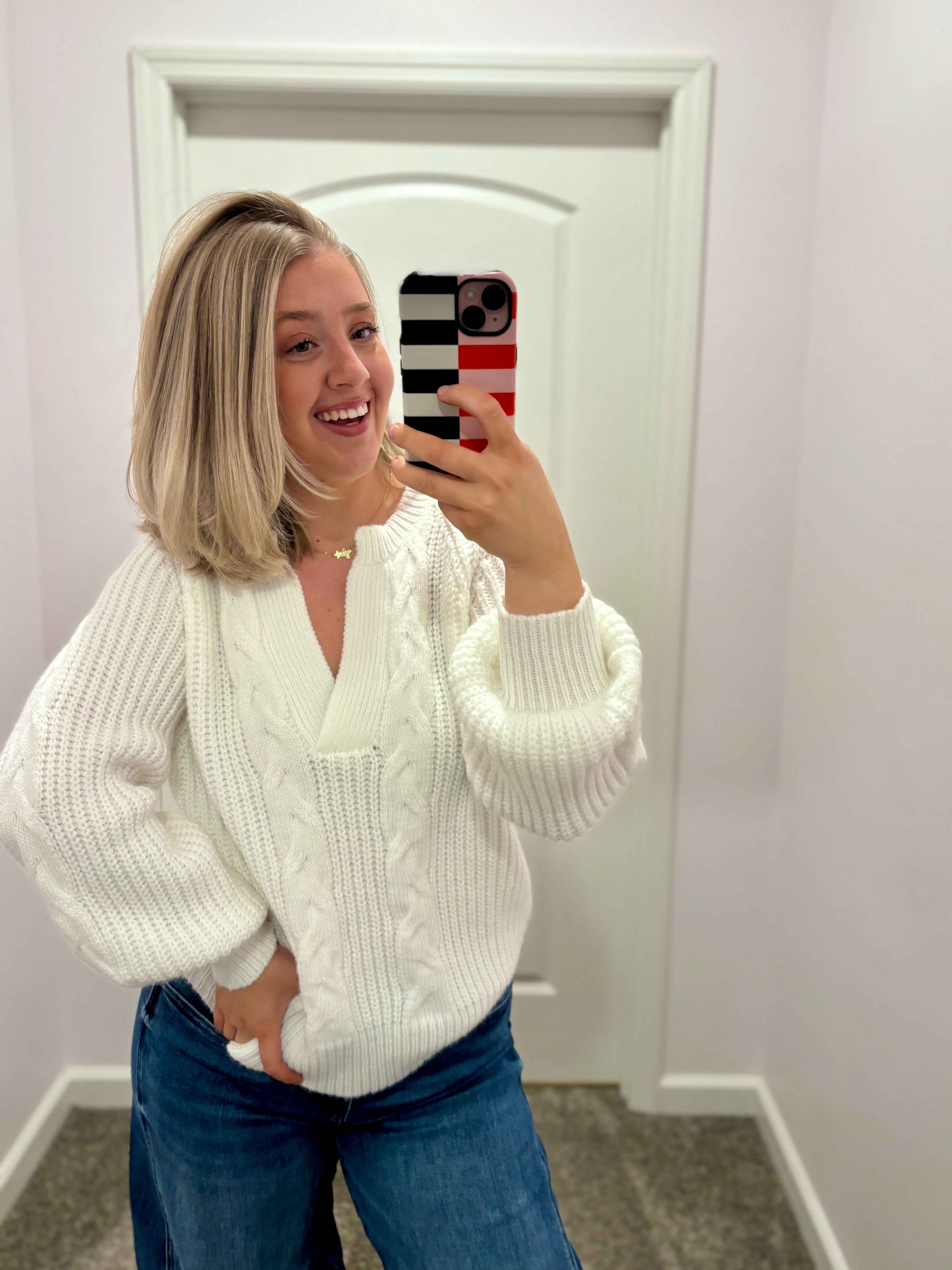 Ivory Split Neck Cable Knit Sweater