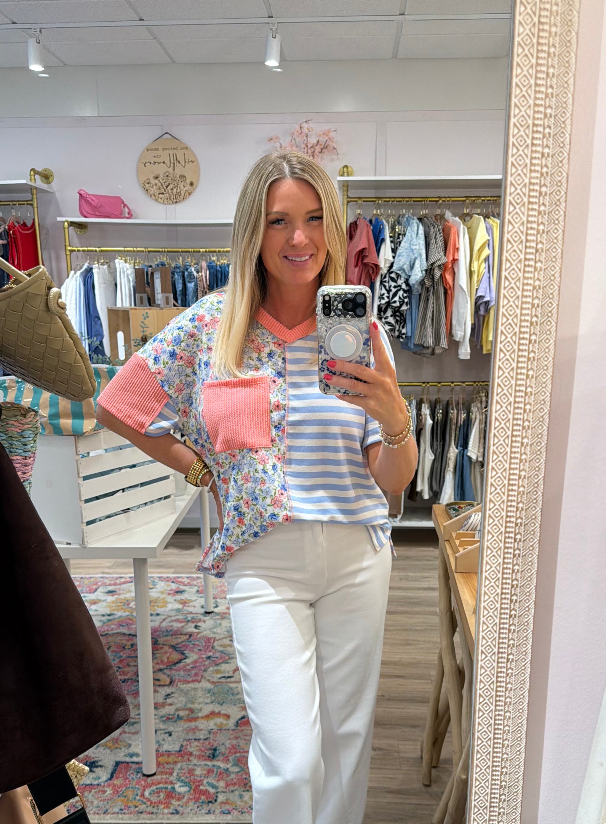 Striped Floral Color Block Top