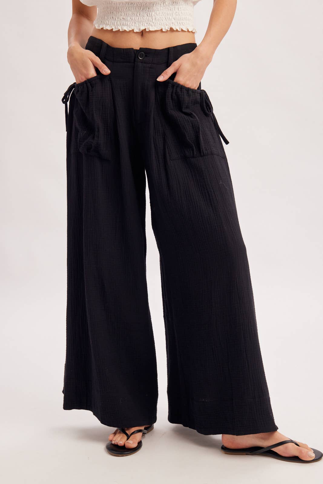 Drawstring Patch Pocket Wide Leg Pants/ More Colors