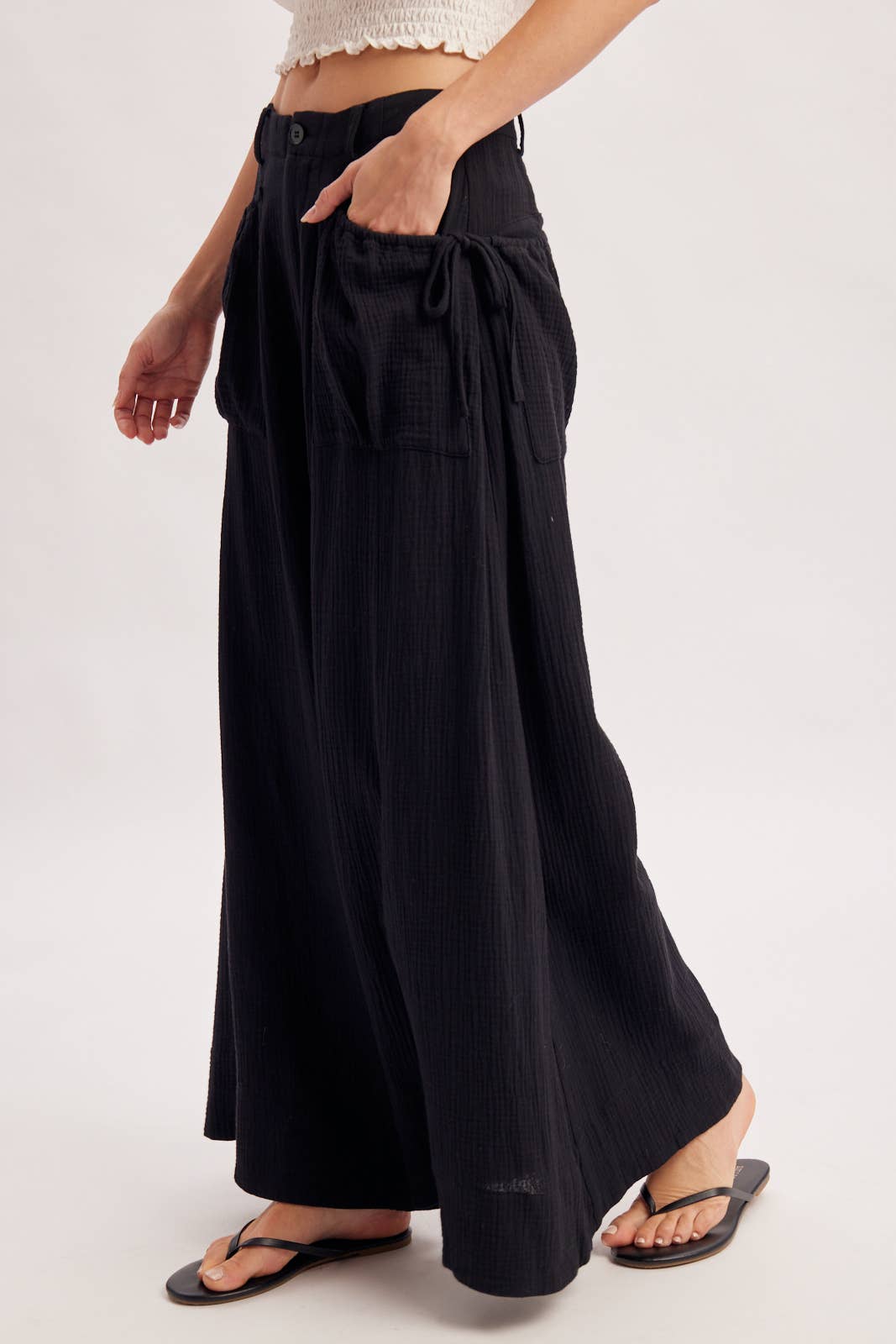 Drawstring Patch Pocket Wide Leg Pants/ More Colors