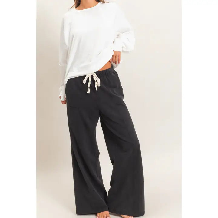 Acid Wash Drawstring Waist Wide Leg Pants/ More Colors
