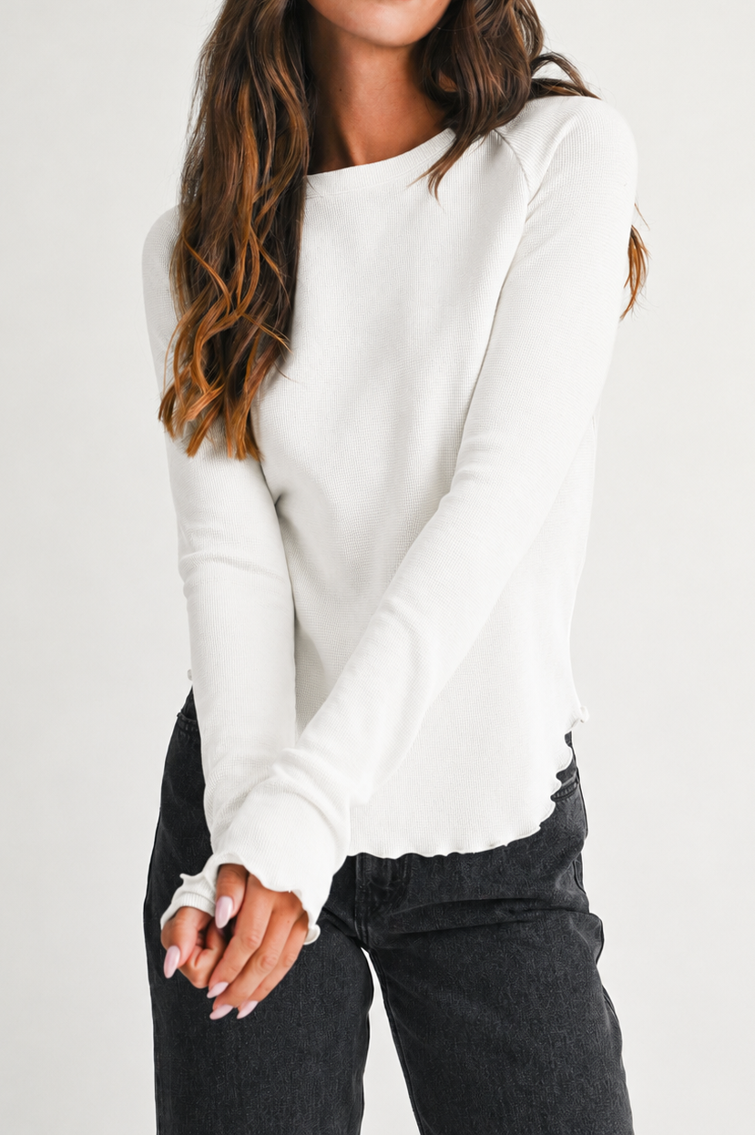 Thermal Knit Lettuce Edge Long Sleeve Top/More Colors
