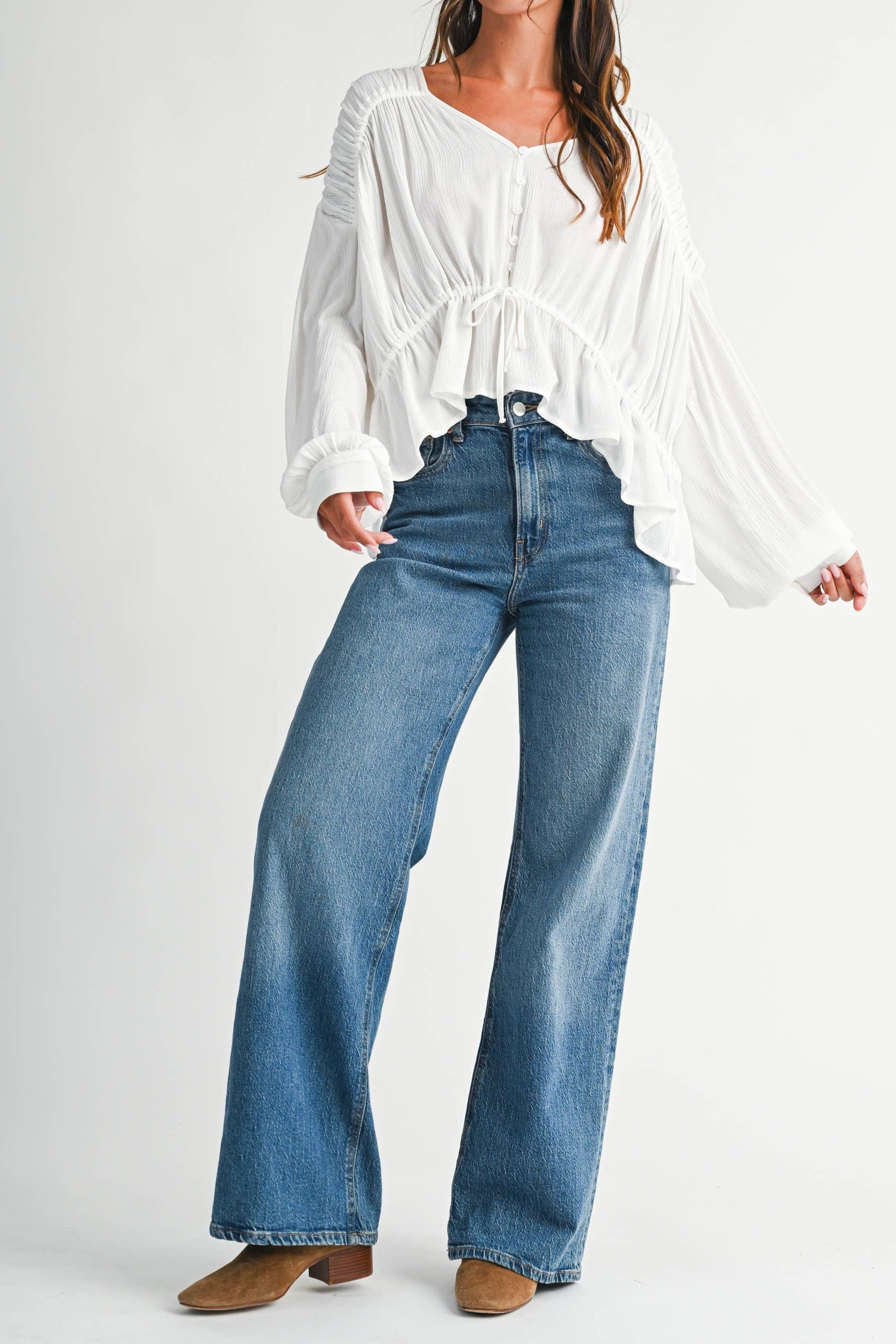 Textured Button Front Peplum Blouse