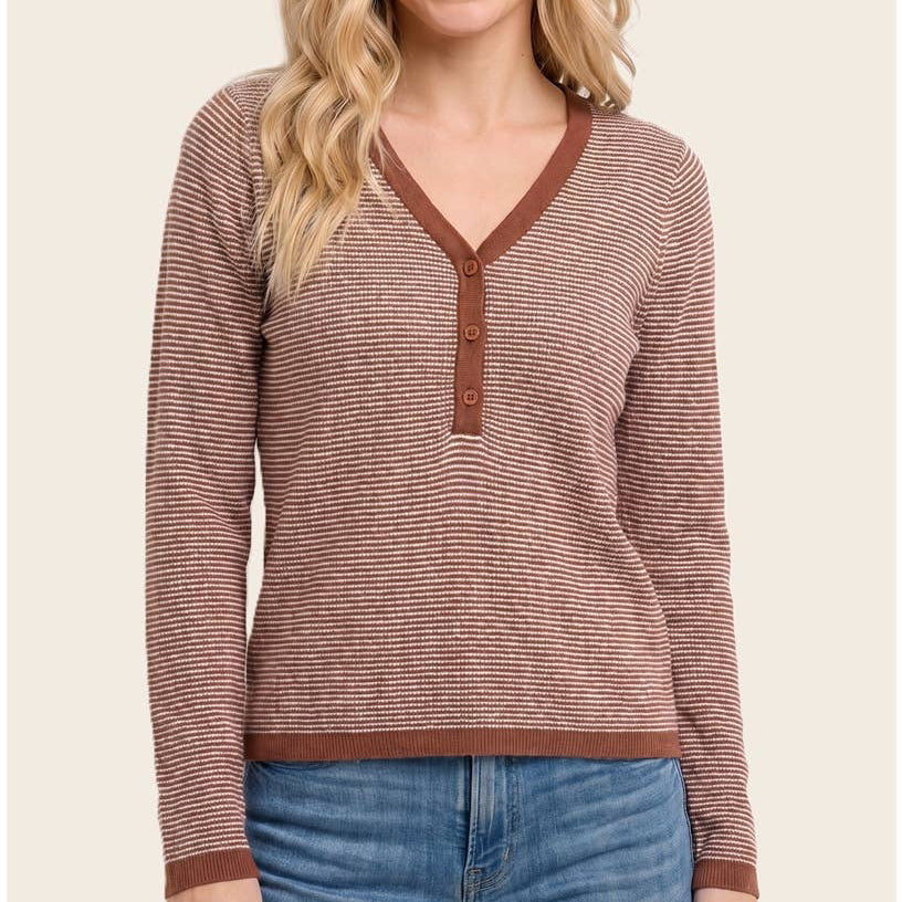 V Henley Neck Mini Waffle Striped Top