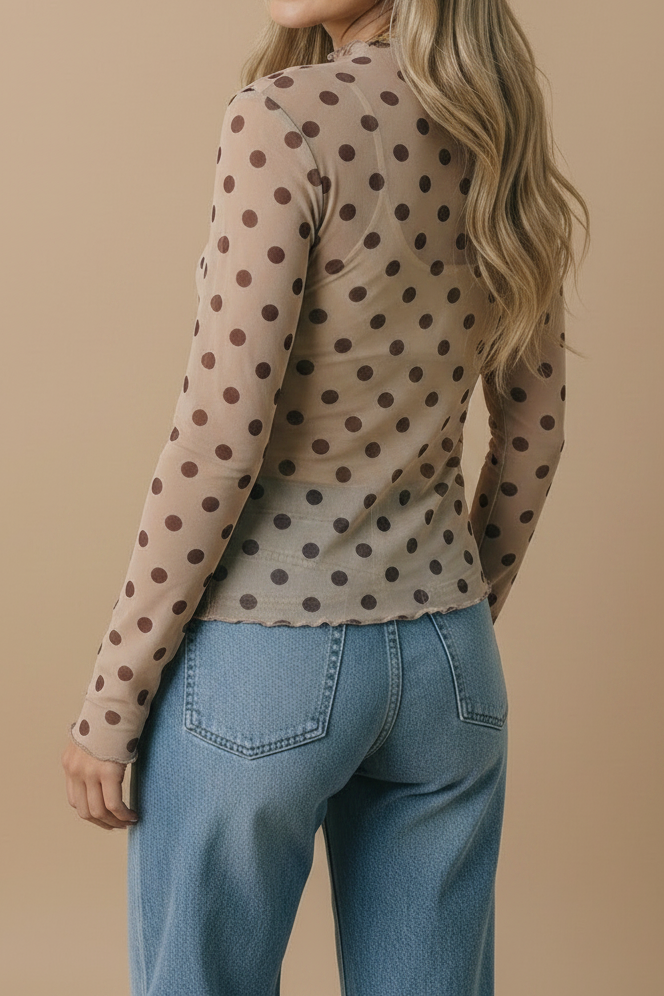 High Neck Polka Dot Merrow Hem Mesh Top