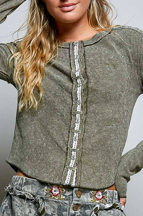 Vintage Wash Solid Metal Button Down Thermal Knit Top
