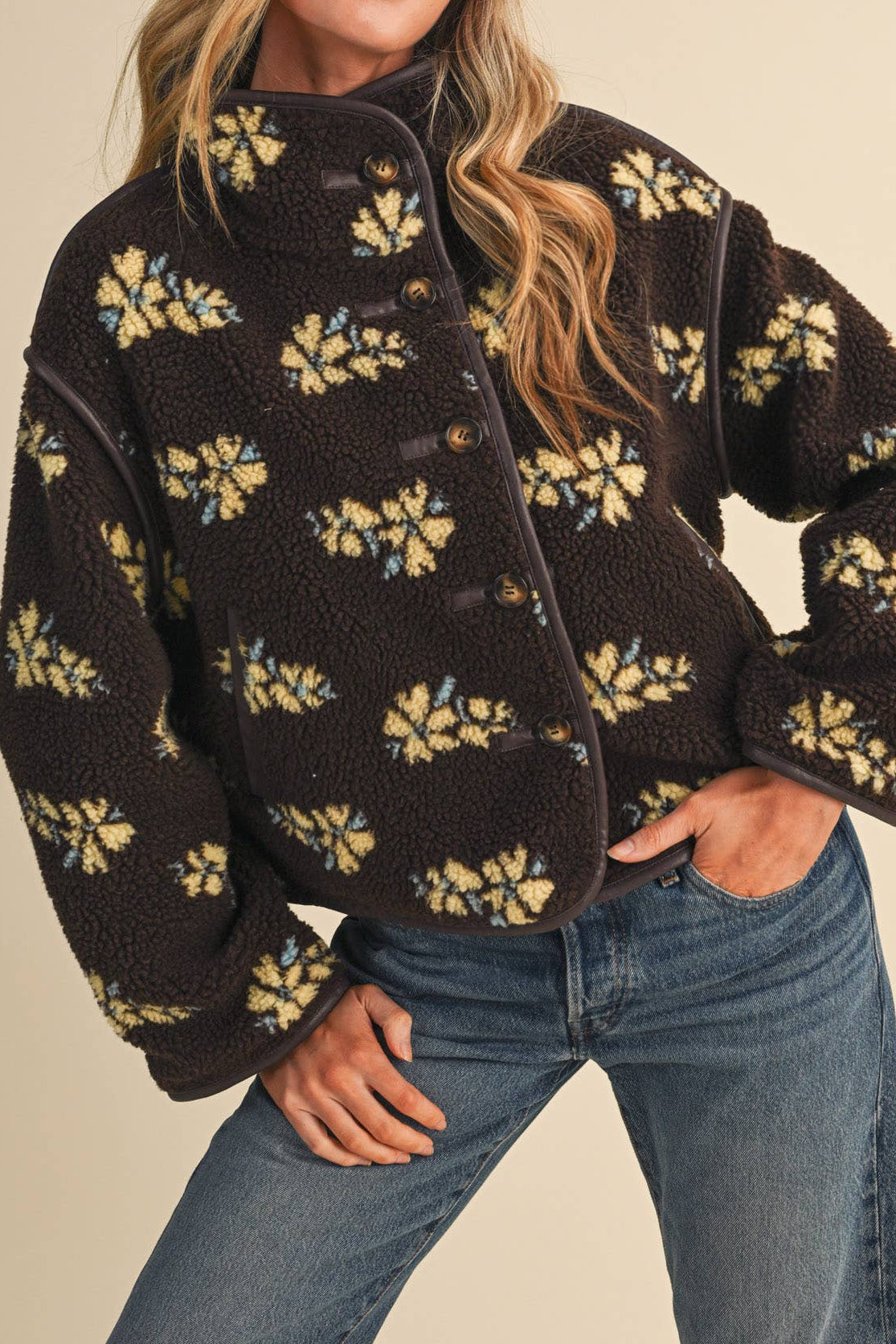 Floral Faux Sherpa Jacket with piping