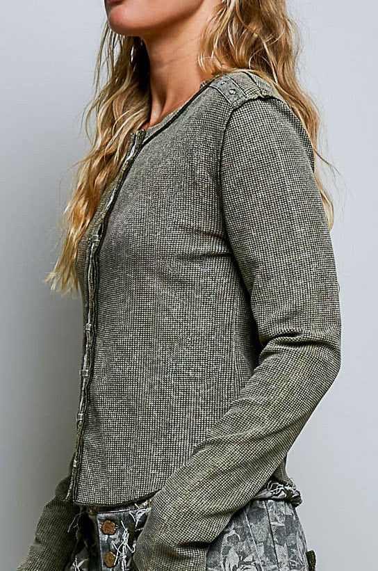 Vintage Wash Solid Metal Button Down Thermal Knit Top