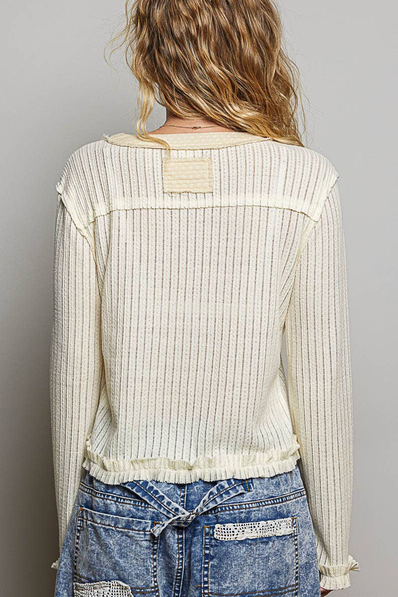 Dot Printed Contrast Rib Knit Long Sleeve Button Closure Top