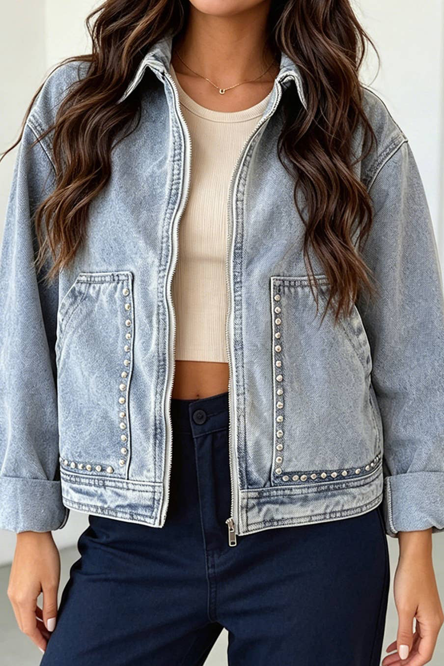 Metal Zipper Pockets Collar Denim Jacket