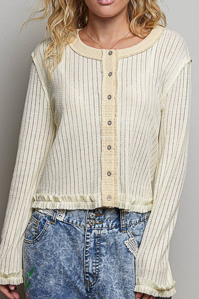 Dot Printed Contrast Rib Knit Long Sleeve Button Closure Top